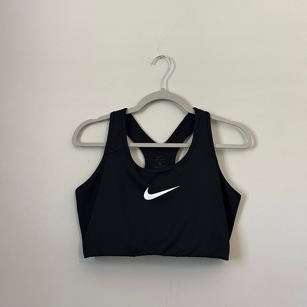 Nike Black Cropped Support Sports Bra with White Swoosh